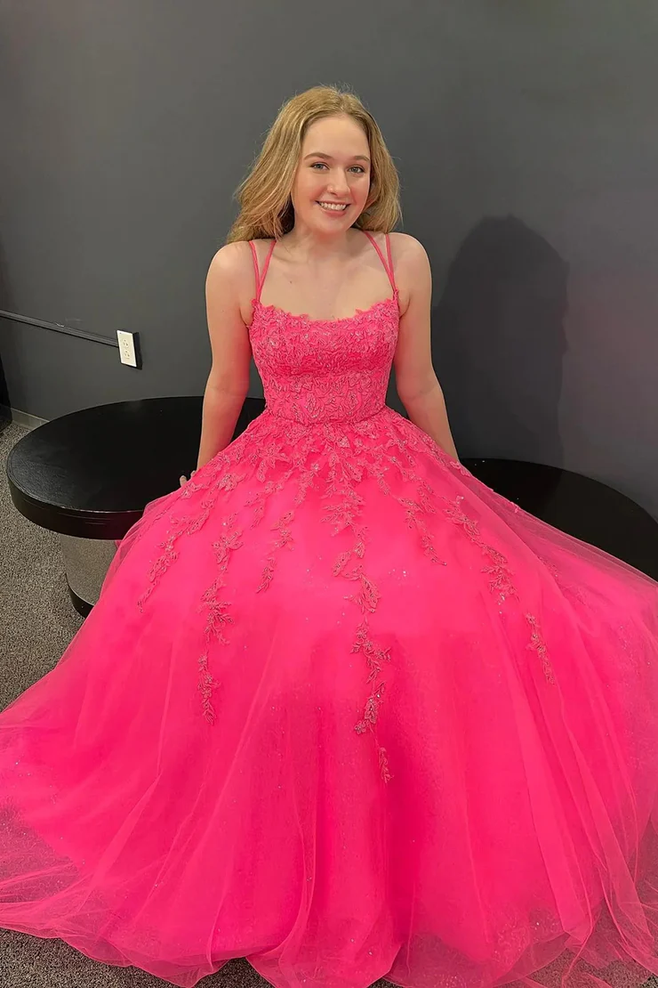 A-Line&Princess Scoop Spaghetti Straps Neck Lace Appliques Prom Dress