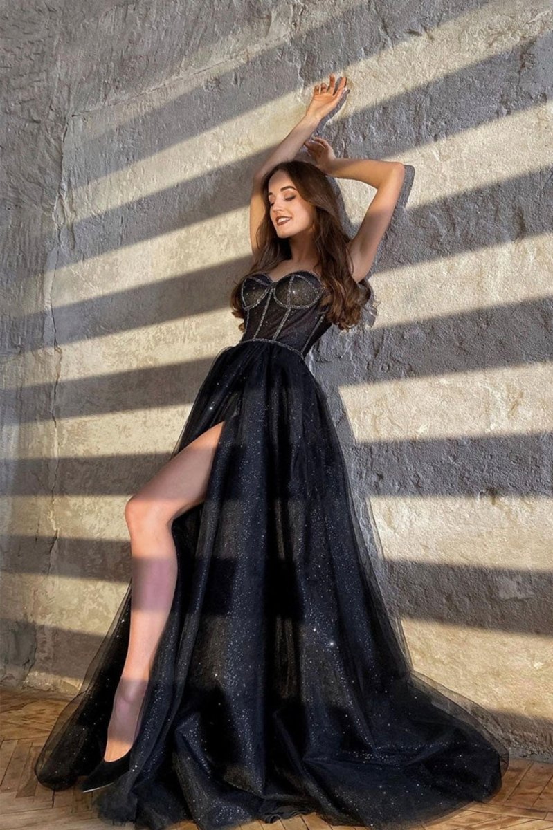 Black Shiny Tulle Floor Length Prom Dresses Black Evening Dresses with Slit, product image 1