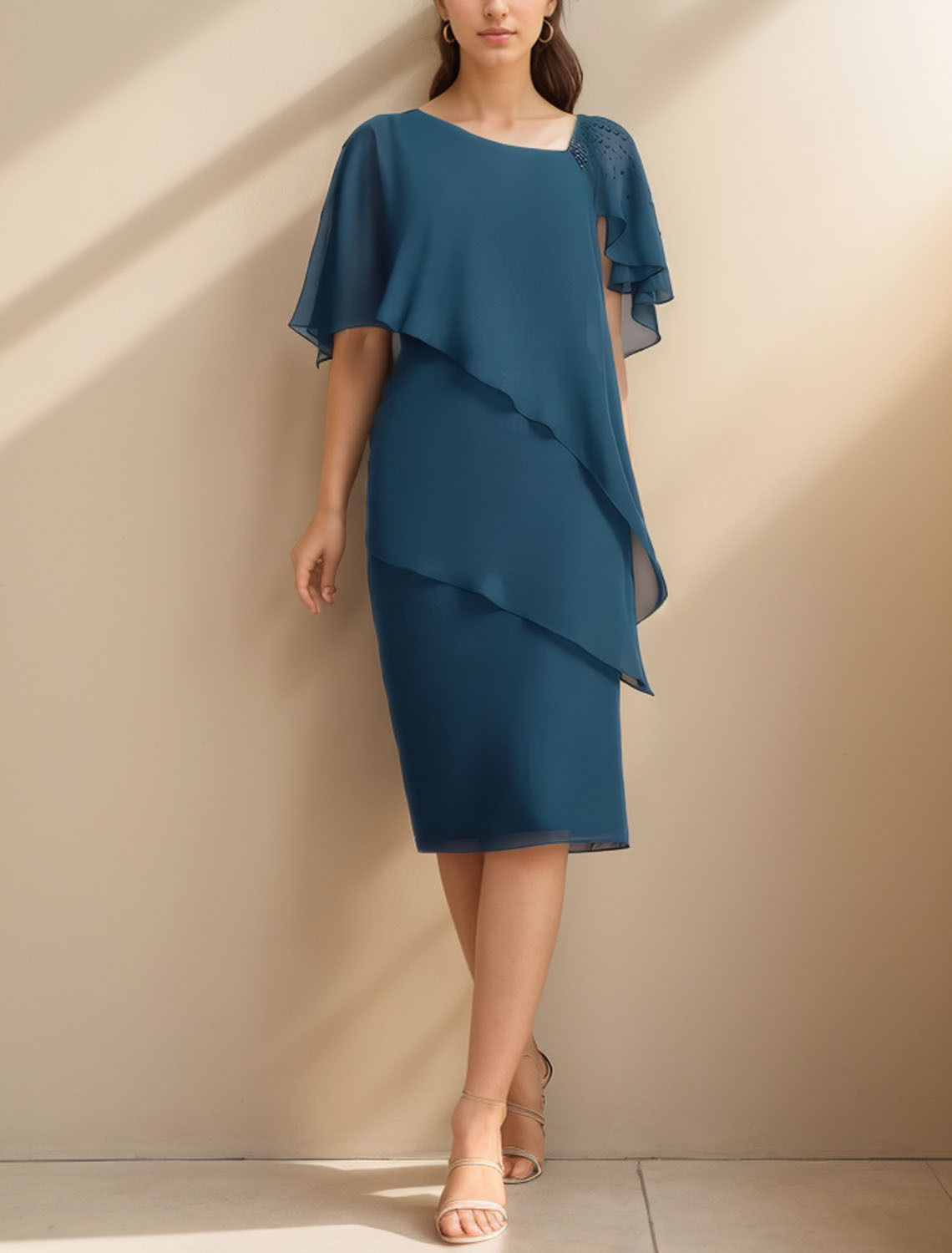 Sheath/Column Homecoming Dress Chiffon Short Sleeve with  Ruffles