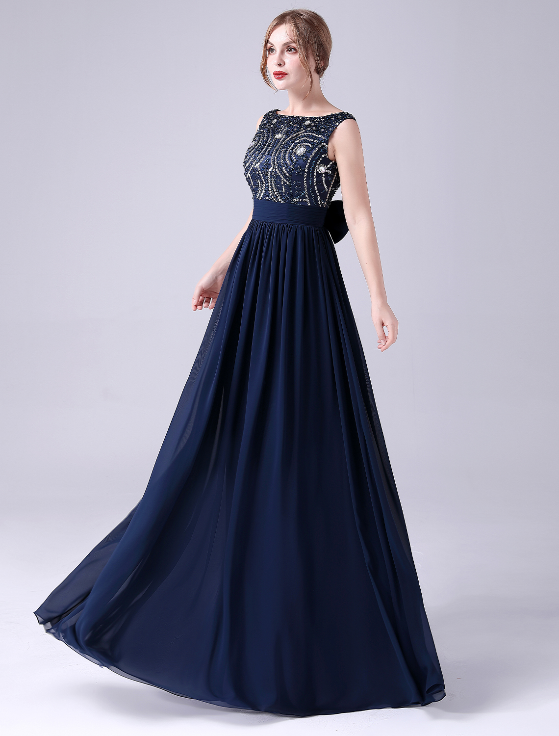 A-Line Prom Dress Bateau Neck V Back Floor Length Elegant Wedding Guest Dresses Chiffon with Pleats Sequin