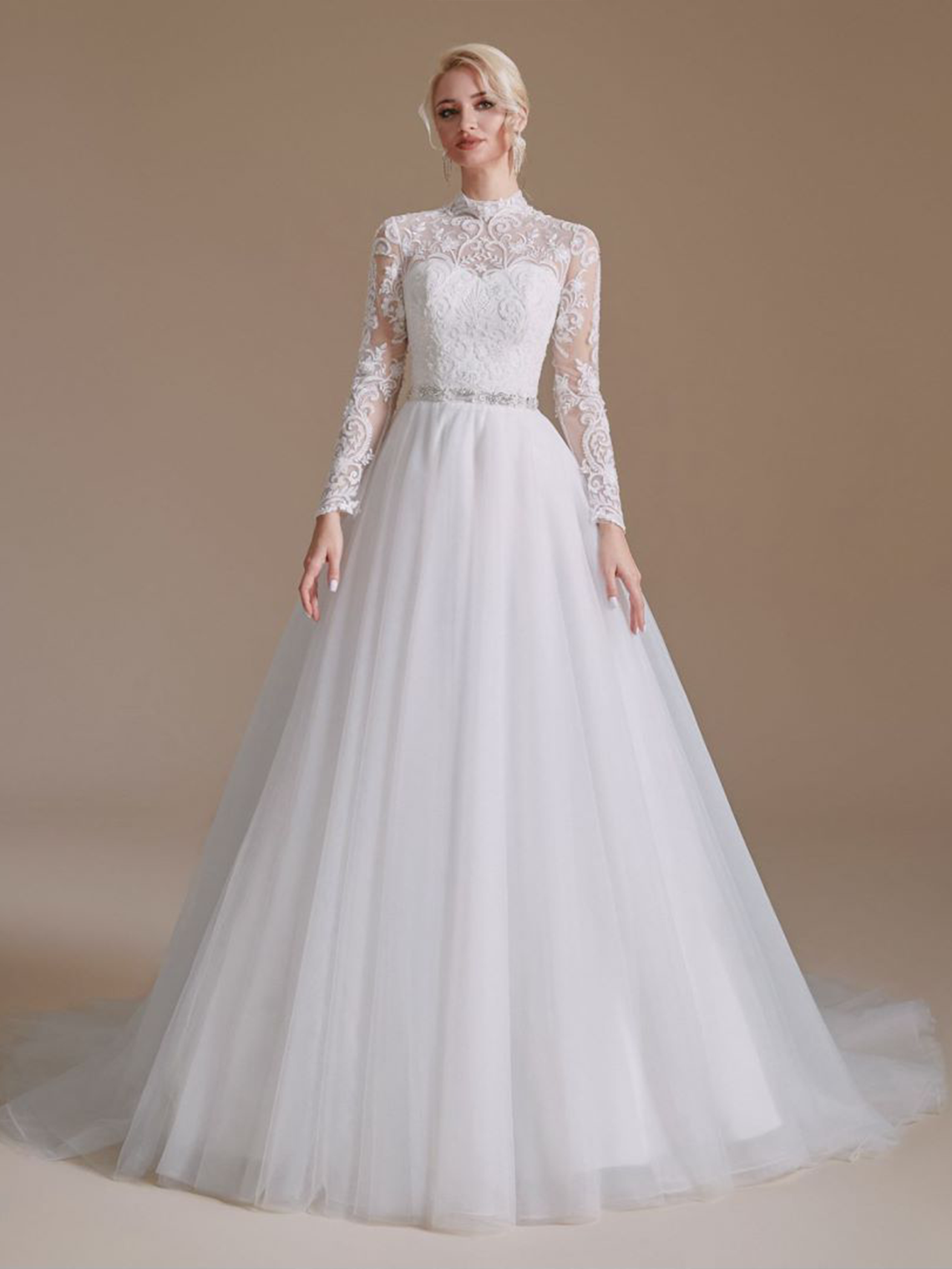 A-Line Elegant High Neck Appliques Sweep/BrushTrain Wedding Dresses