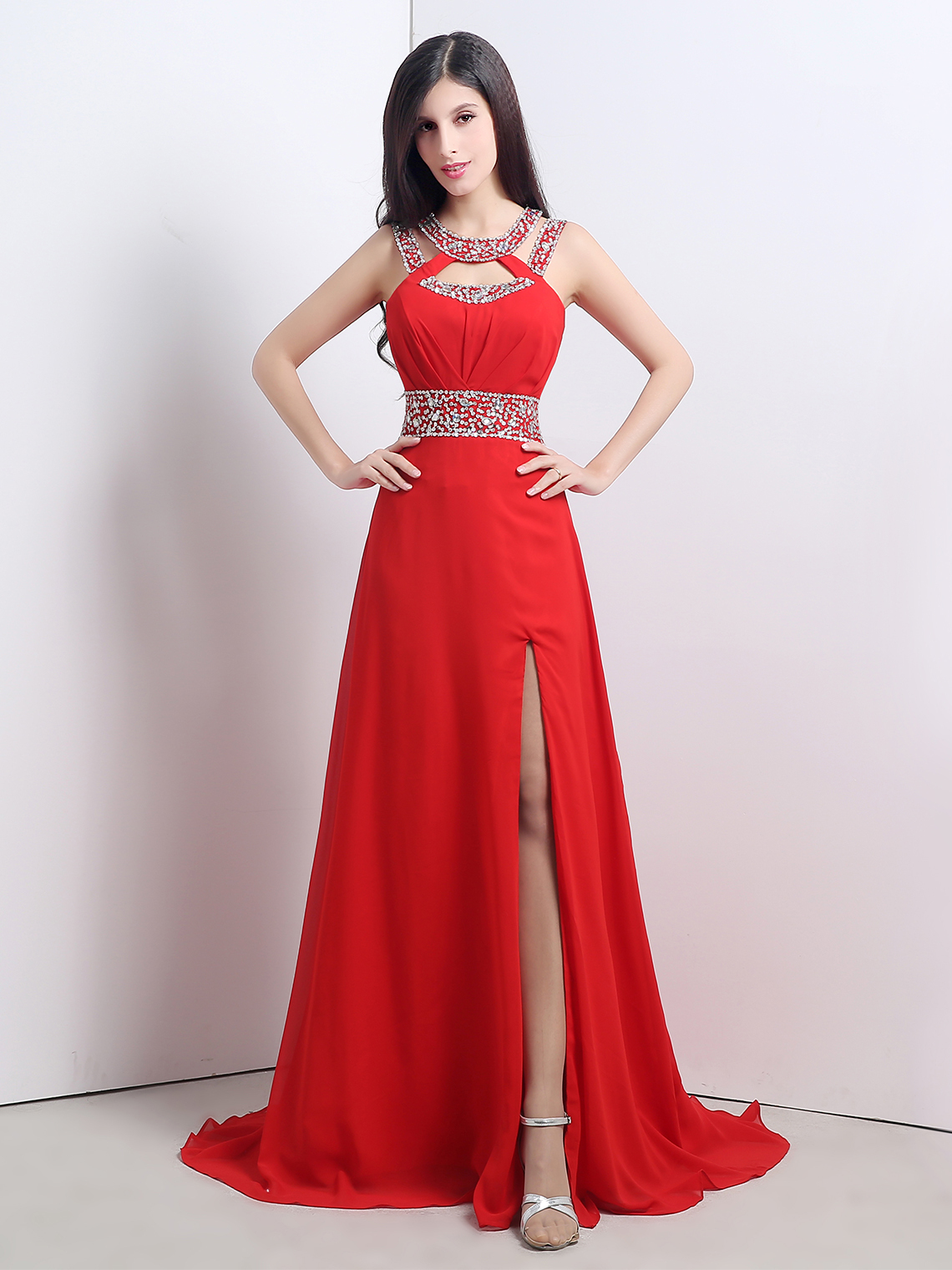 A-Line/Princess Elegant Evening Dress Jewel Neck Chiffon with Beading
