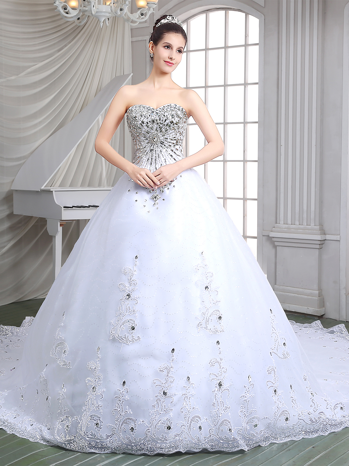 Ball Gown Luxury Formal Wedding Dress Chapel Train Appliques Beading