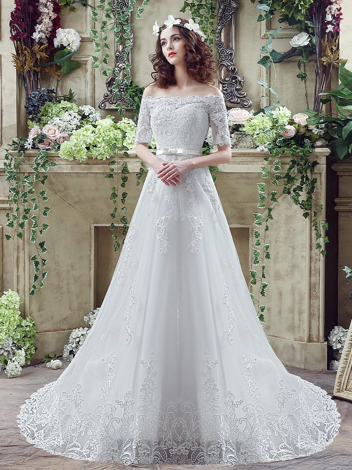 A-Line/Princess Elegant Formal Wedding Dresses Lace Sequin with Appliques