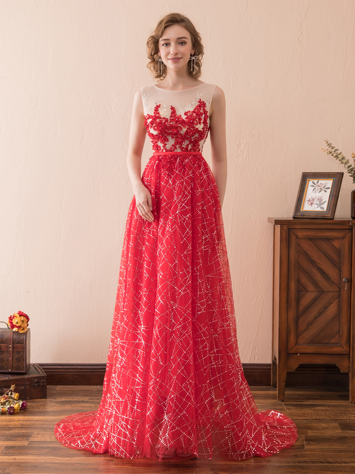 A-Line/Princess Formal Elegant Prom Dress Tulle with Sequin Appliques