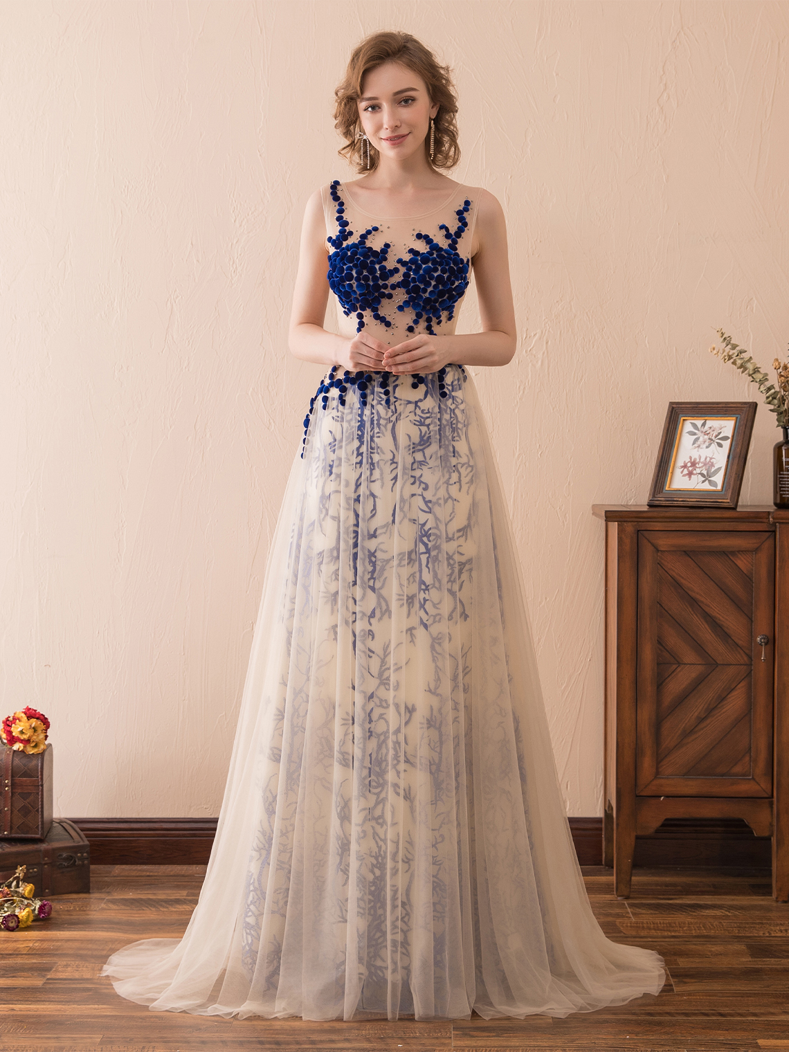 A-Line/Princess Illusion Sexy Prom Gown Tulle with Sequin Appliques