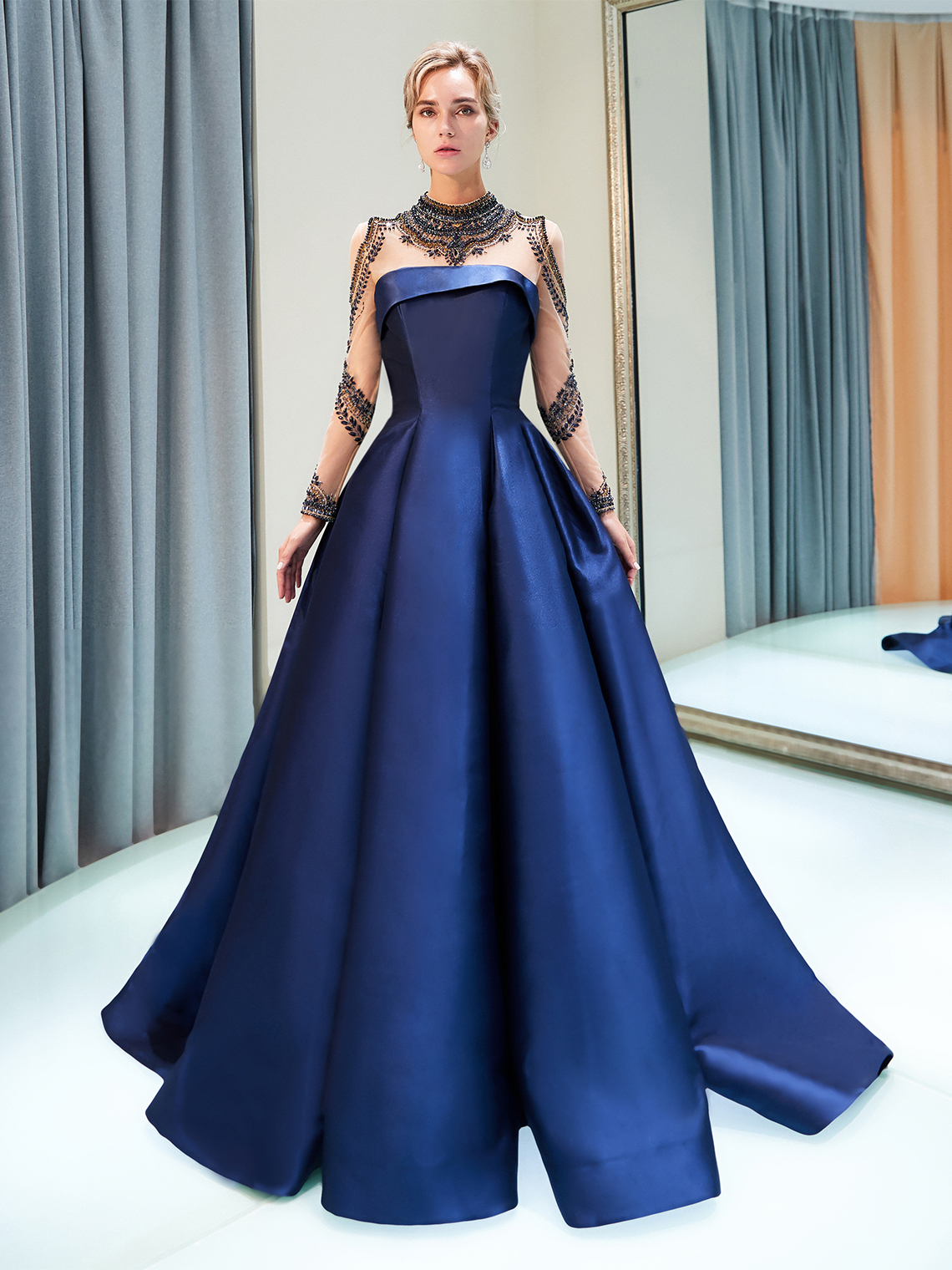 Ball Gown Elegant Luxury Prom Gown High Neck Satin Sequin with Beading