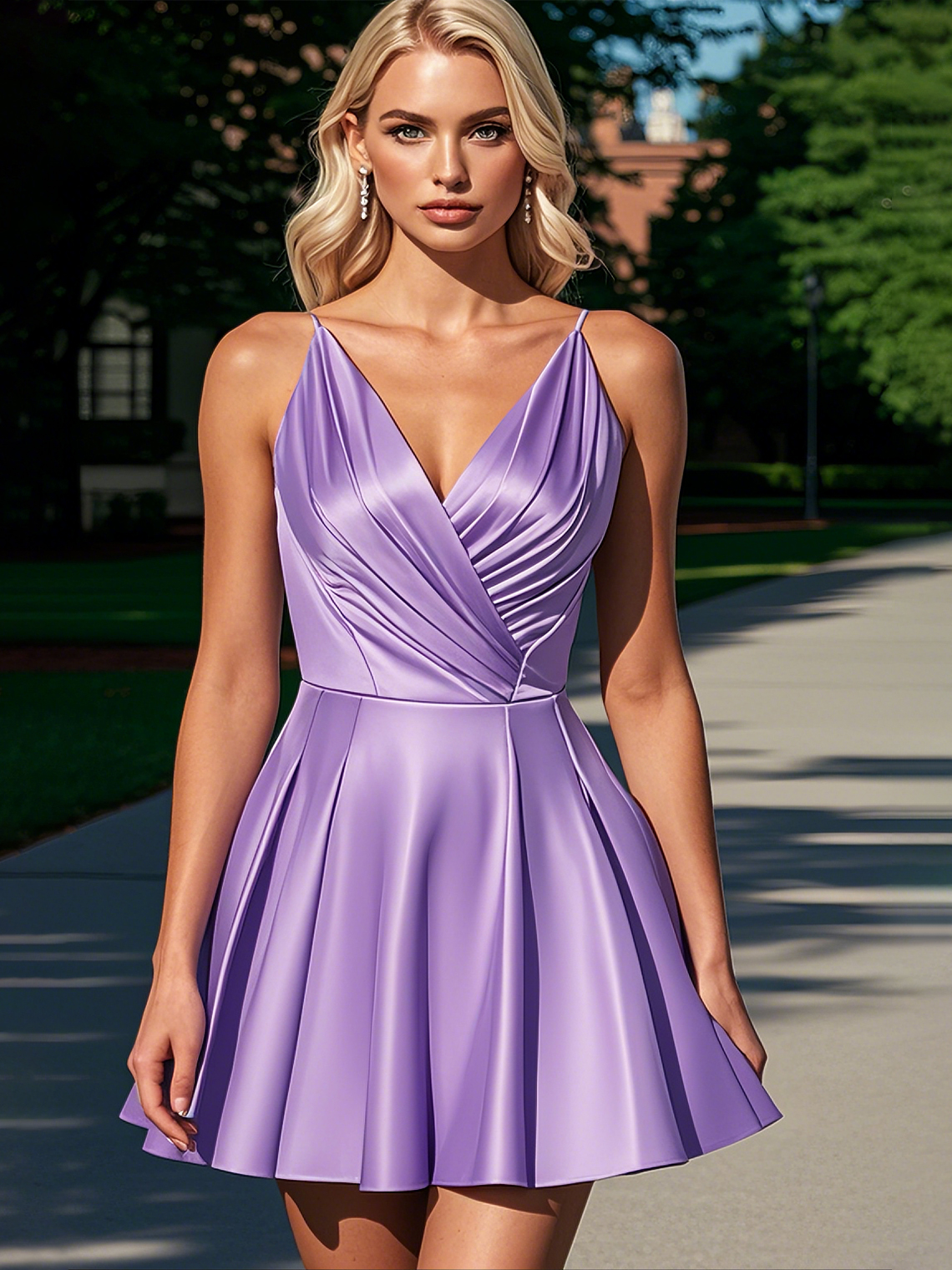 A-Line/Princess V Neck Homecoming Dress Short/Mini Satin with Pleated