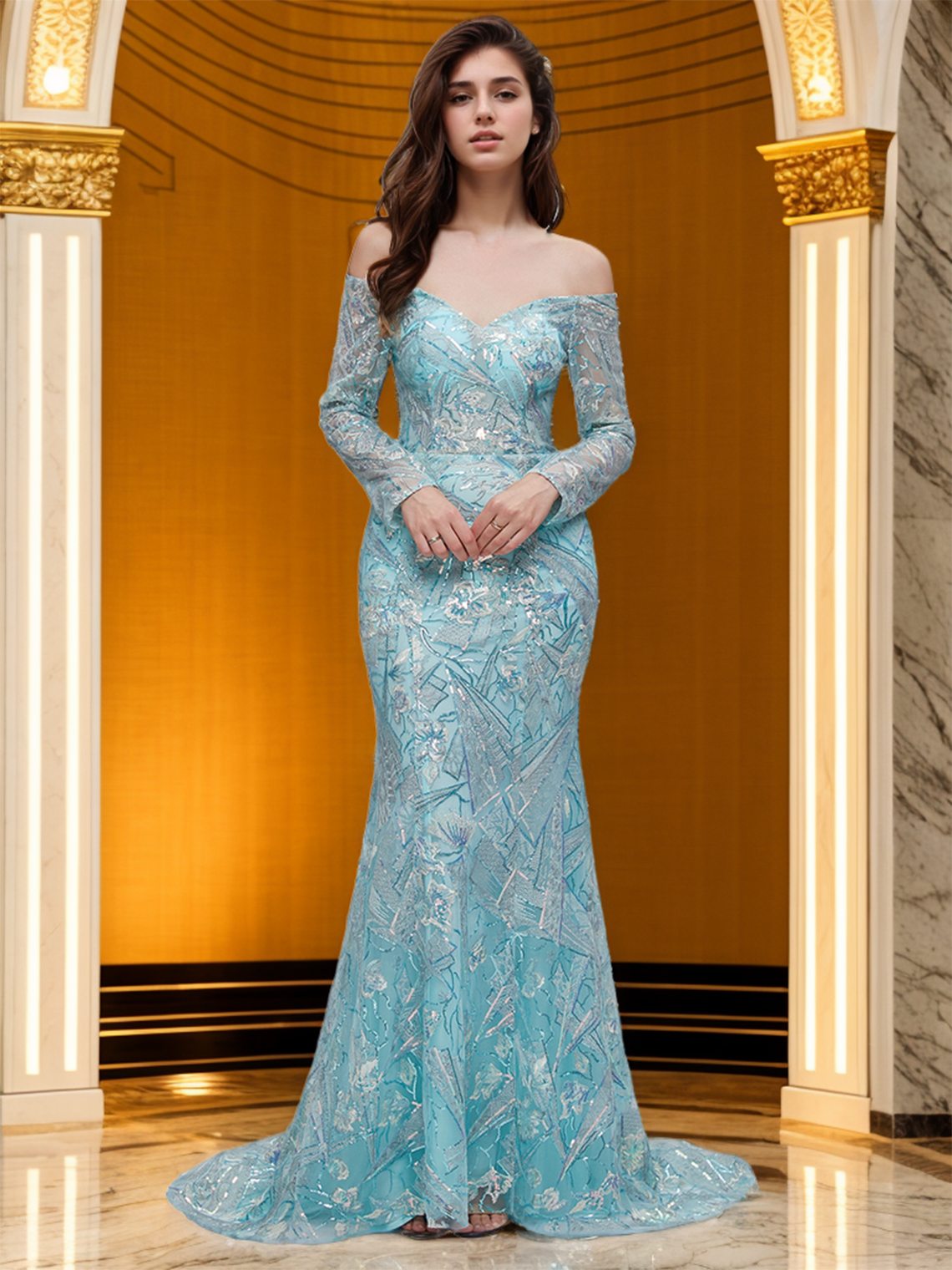 Mermaid/Trumpet Evening Gown Formal Prom Dress Off Shoulder with Slit Sequin