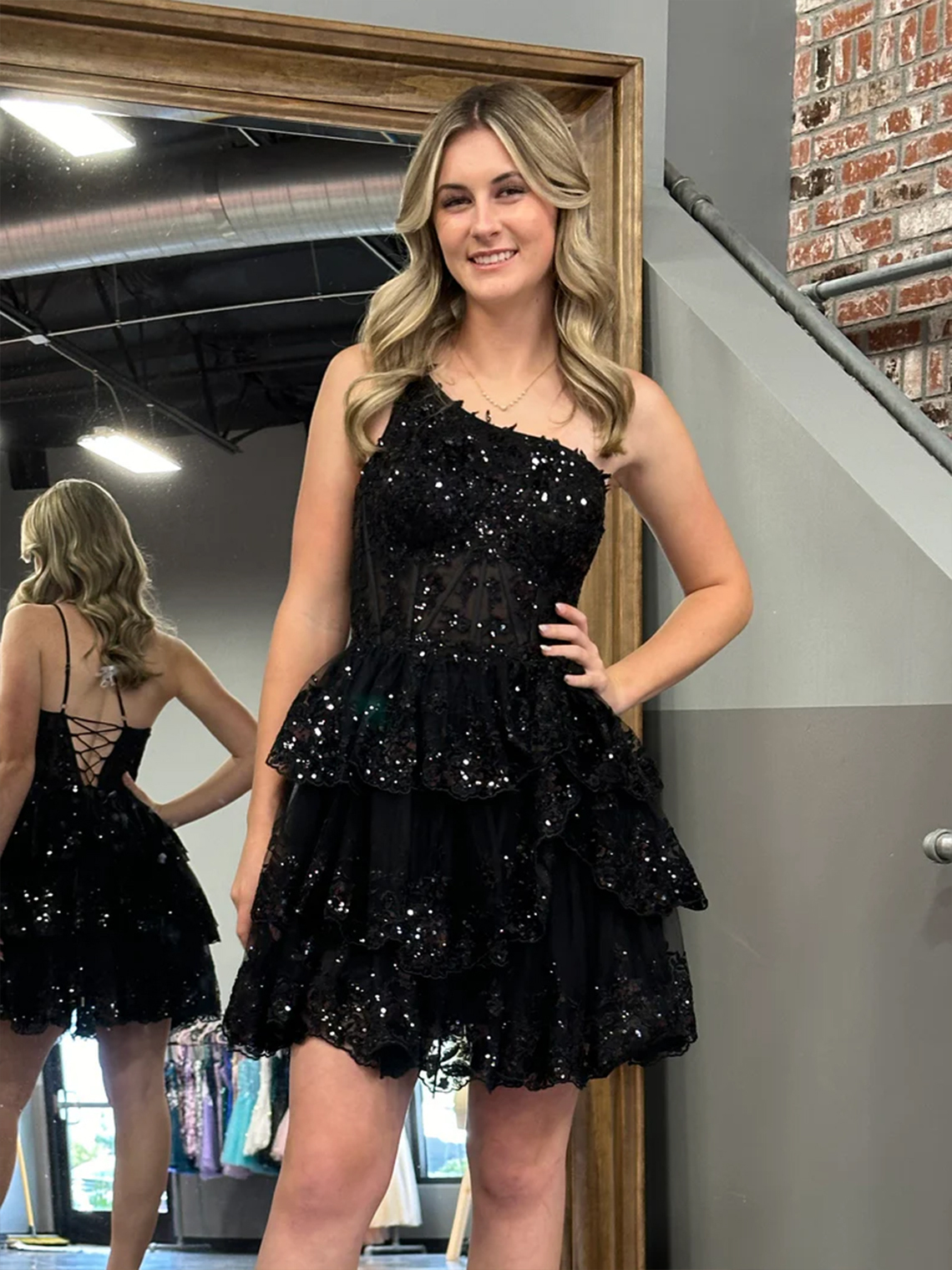 A-Line One Shoulder Navy Tiered Lace Short Homecoming Dress