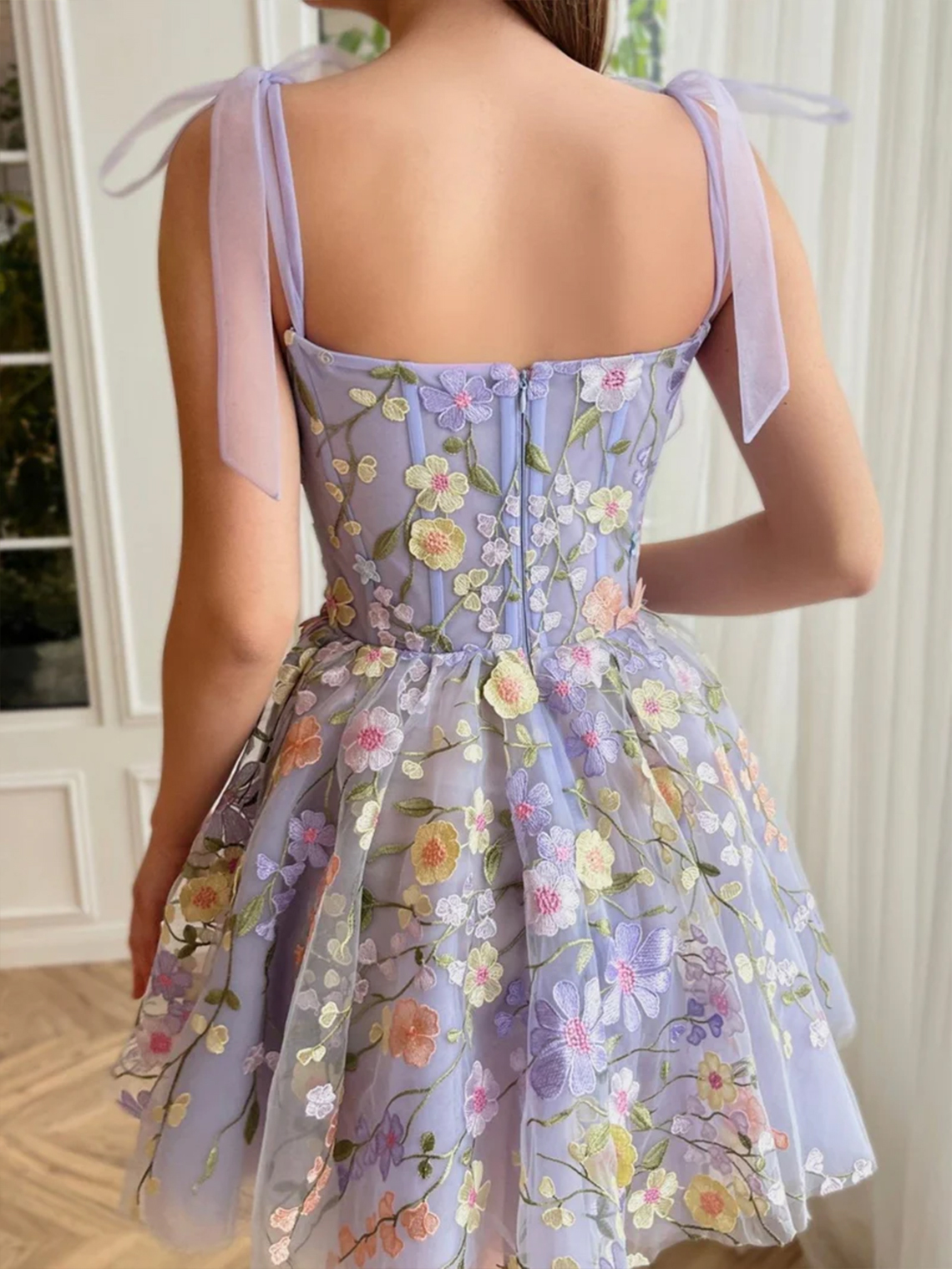 A-Line Lilac Short Homecoming Dress with Embroidered 3D Flowers