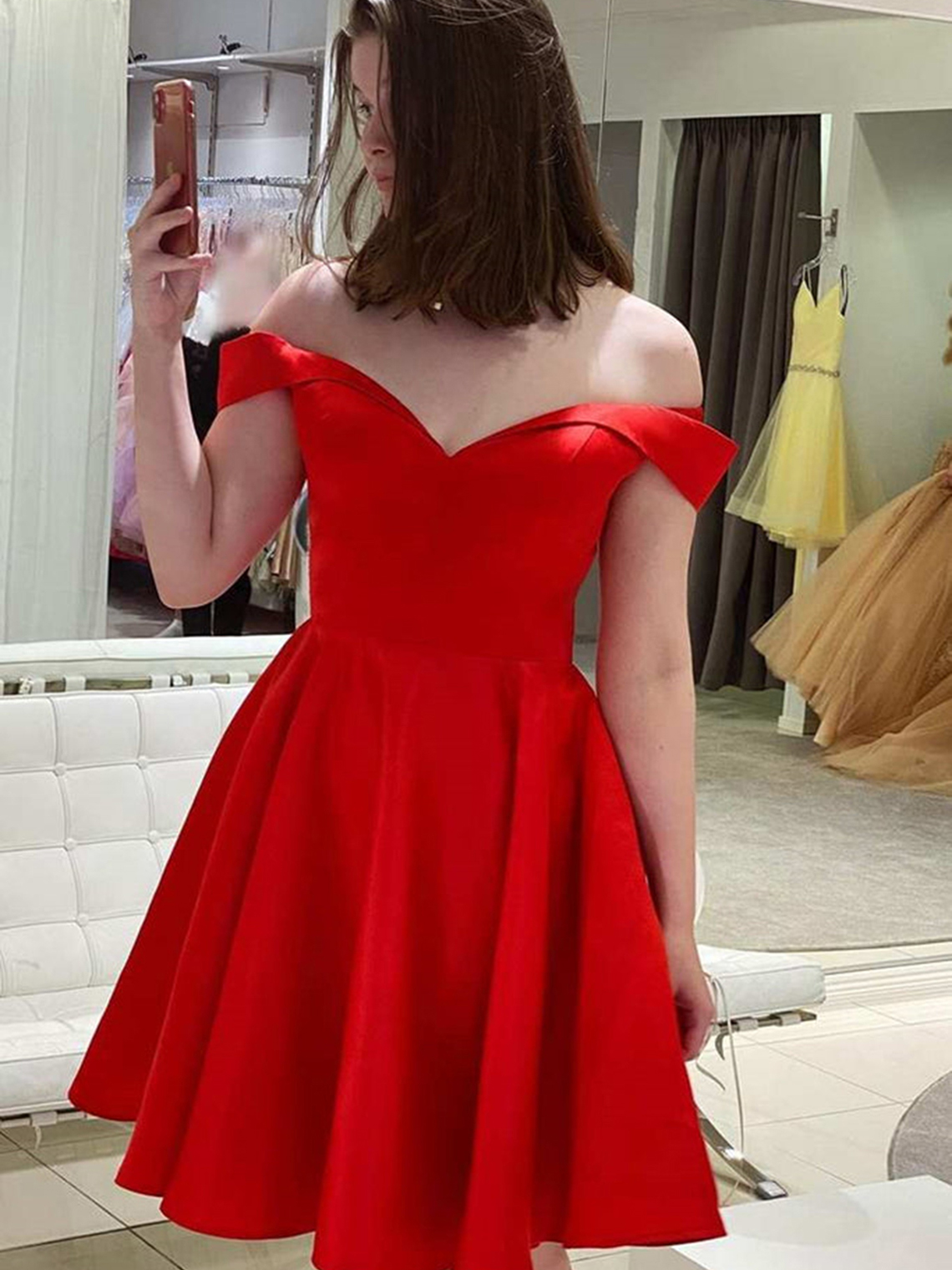A-line Off-the-Shoulder Short/Mini Satin Homecoming Dress