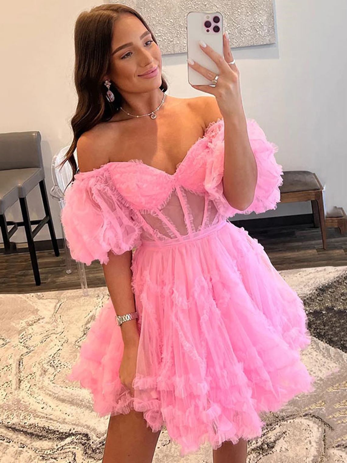 A-Line Sweetheart Short Sleeves Short/Mini Tulle Homecoming Dresses