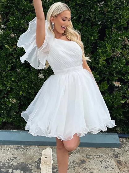 Dress One Shoulder White A Line Cute Homecoming Dress with Ruffles