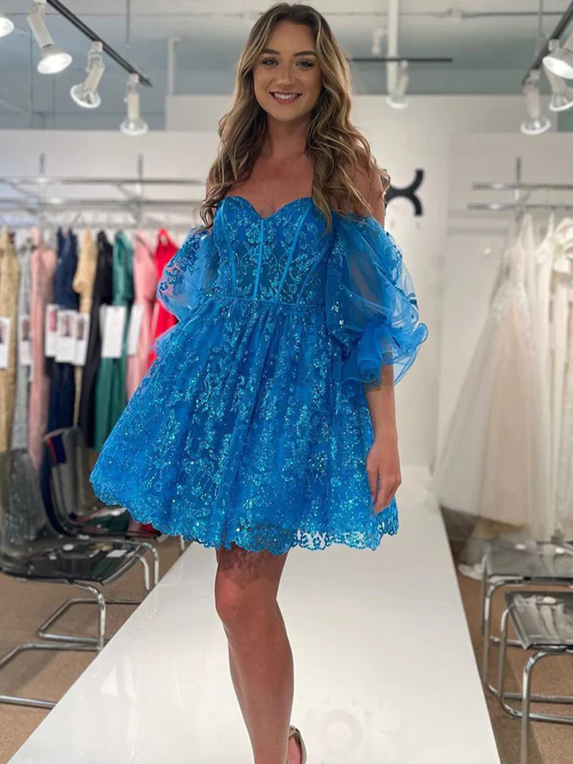 A Line Off the Shoulder Blue Glitter Homecoming Dress with Appliques