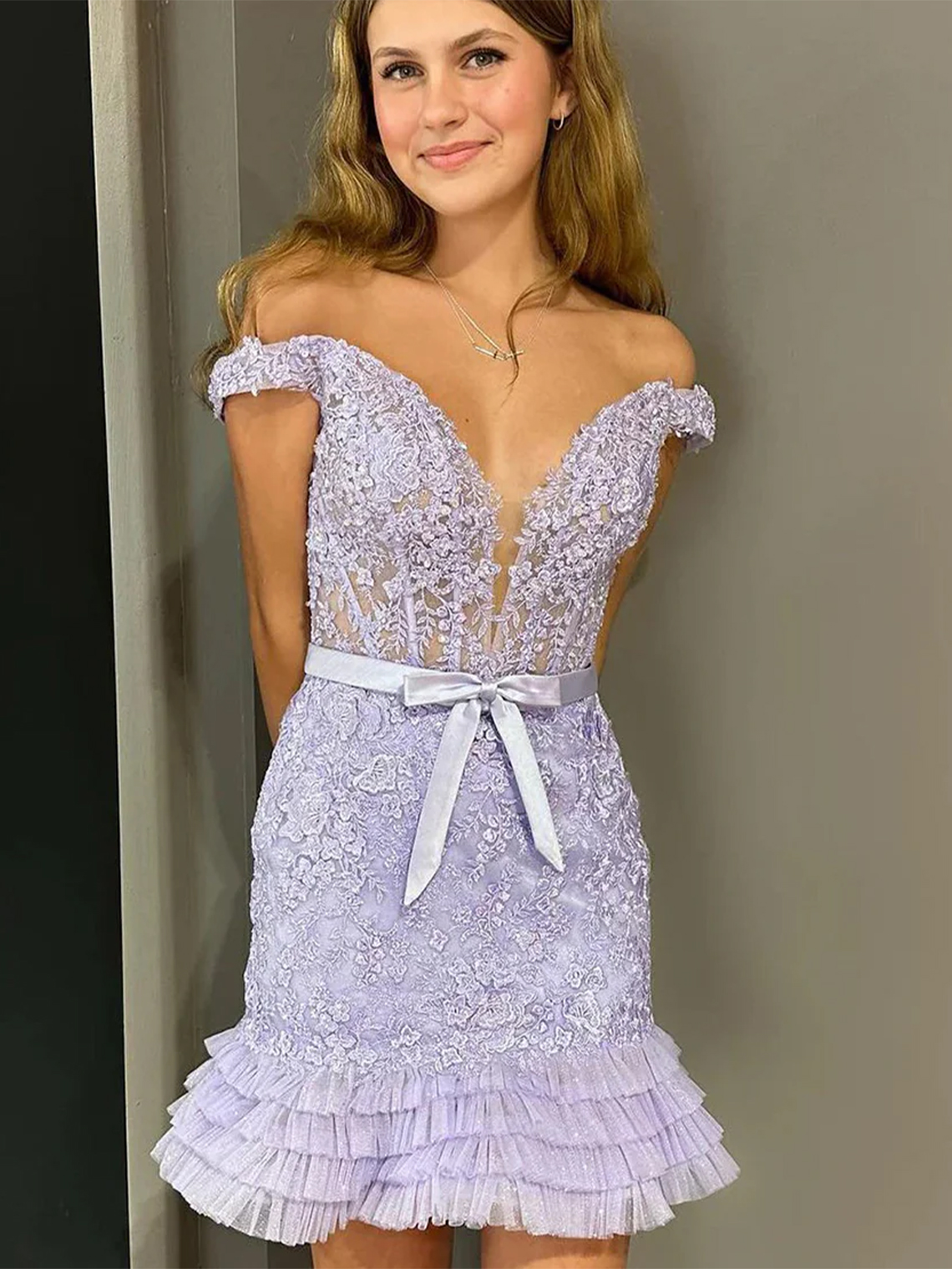 A-Line Off The Shoulder Corset Homecoming Dress with Appliques