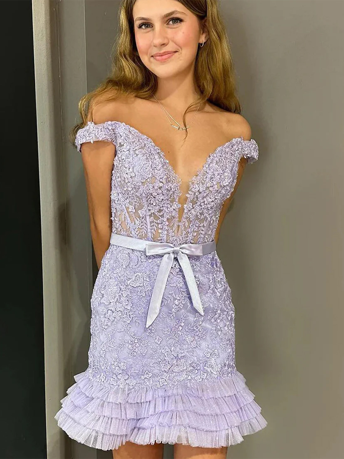 A-Line Off The Shoulder Corset Homecoming Dress with Appliques