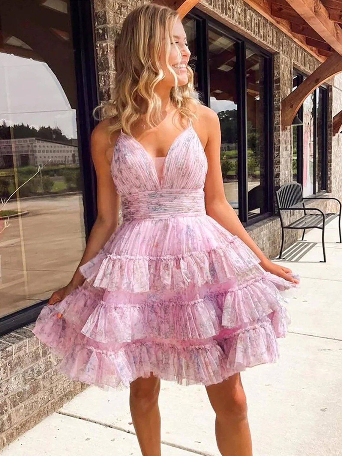 A Line Printed Cute Homecoming Dress with Pleated