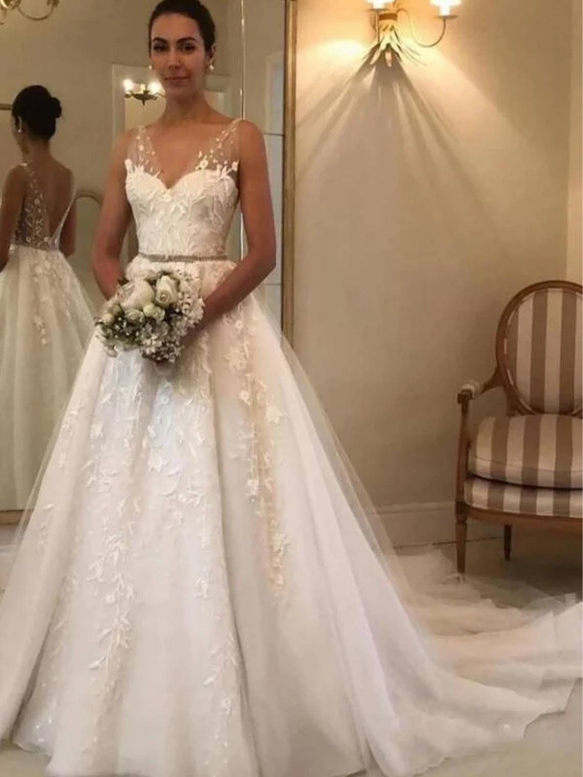  A-line Long Open Back Wedding Dress With Sweetheart Tulle