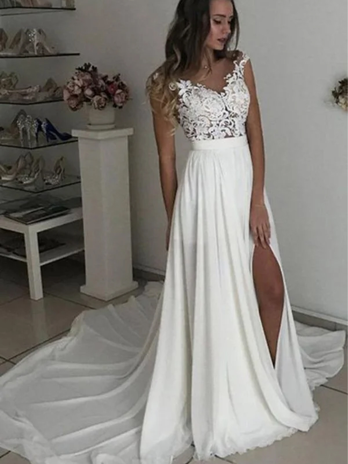 A-line V-neck Long Wedding Dress With Slit Chiffon Lace