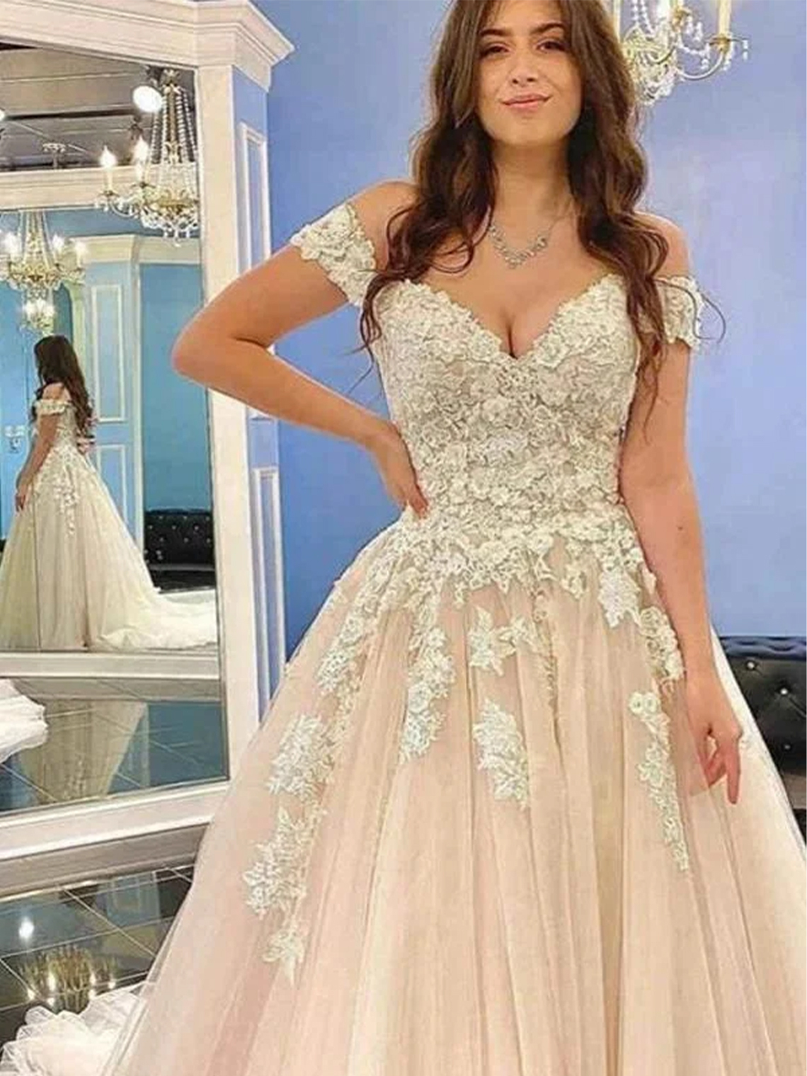 A-line Long Off-the-Shoulder Wedding Dress With Tulle Lace