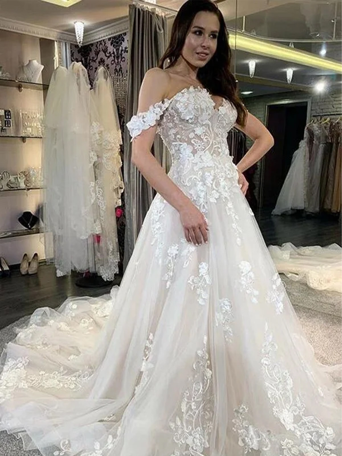 A-Line Tulle Off-the-Shoulder Long Wedding Dress With Appliques Lace
