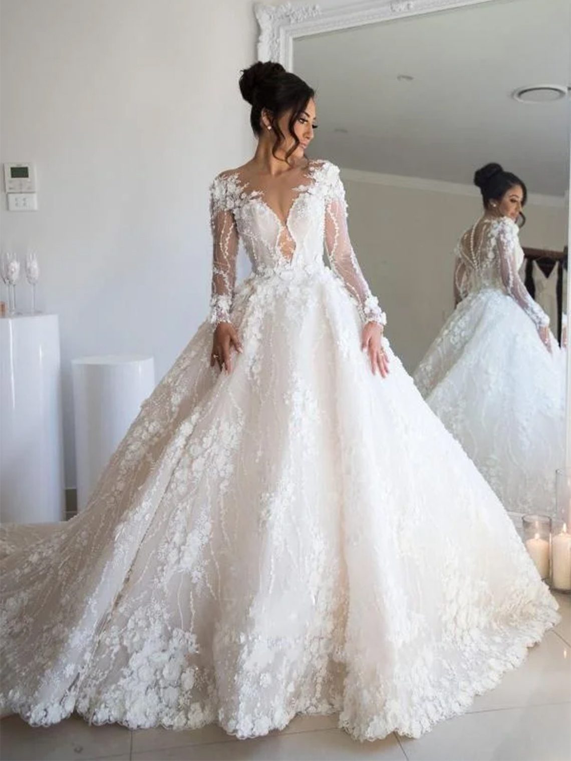 A-line Long Sleeves Sweetheart Open Back Wedding Dress With Tulle Lace