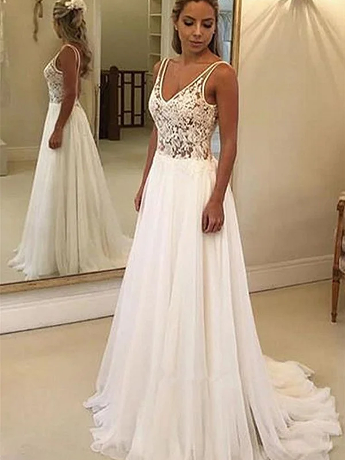 A-Line Sleeveless Lace Beach Long Wedding Dress with Appliques
