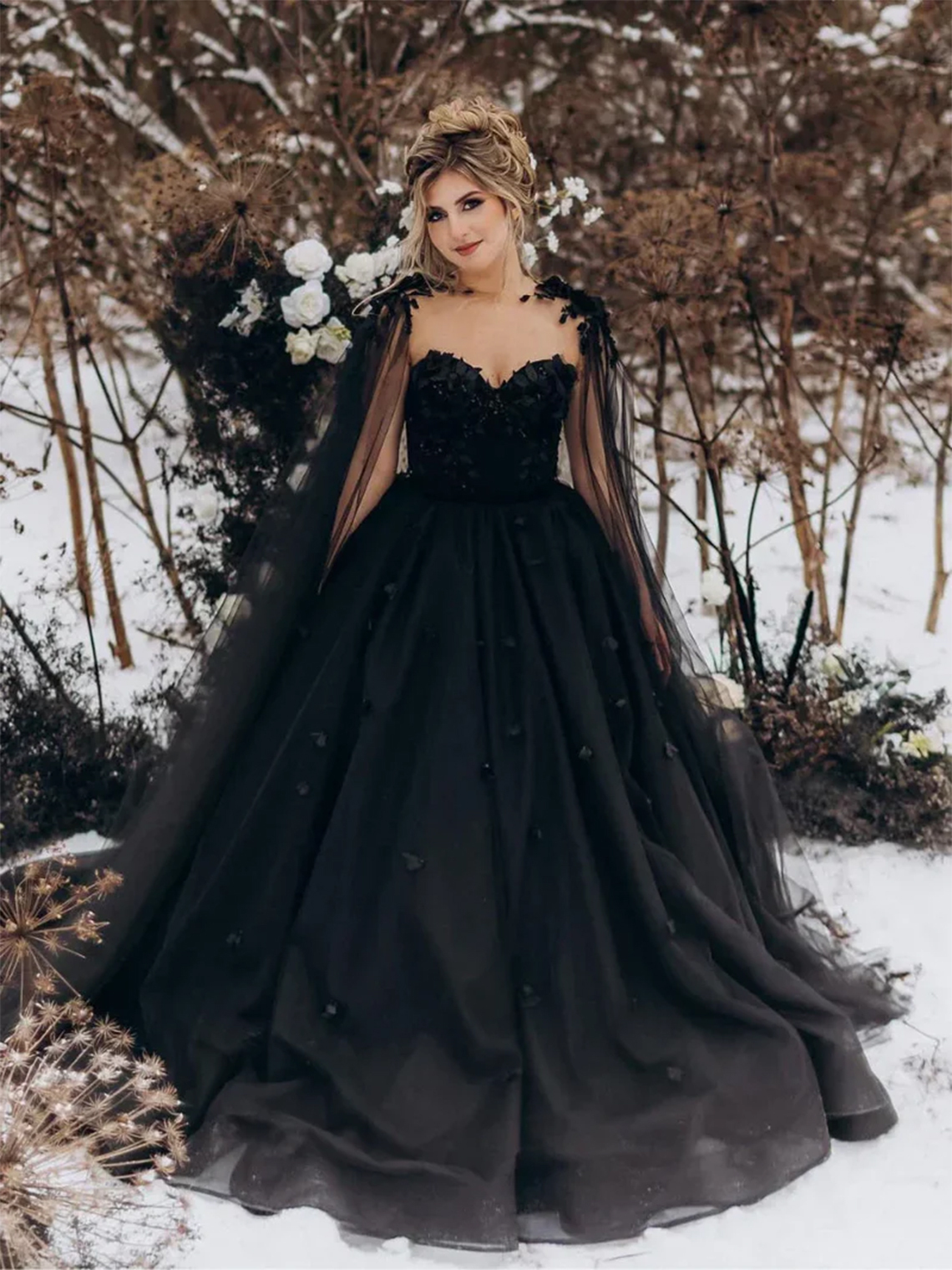 Princess Black Gothic Wedding Dress 3D Flowers Bridal Gown With Cape