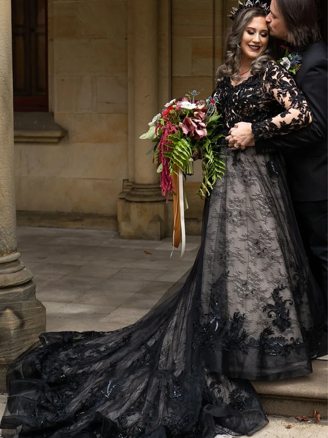  A-Line Modern Gothic Boho Lace Black Wedding Dress Vintage Unique