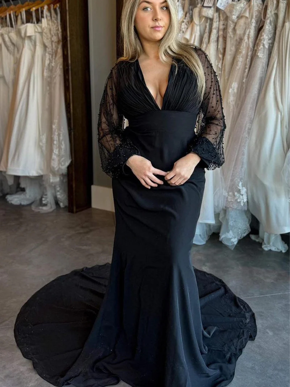 Mermaid Black Beaded V-Neck Backless Long Wedding Dress with Sleeves