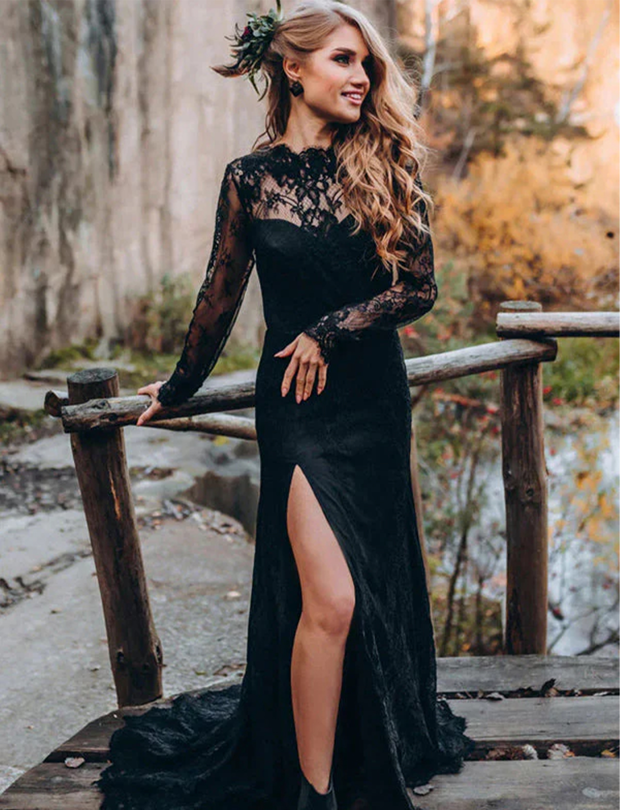 A line Black Sweetheart Long Sleeves Beach Lace Wedding Dresses
