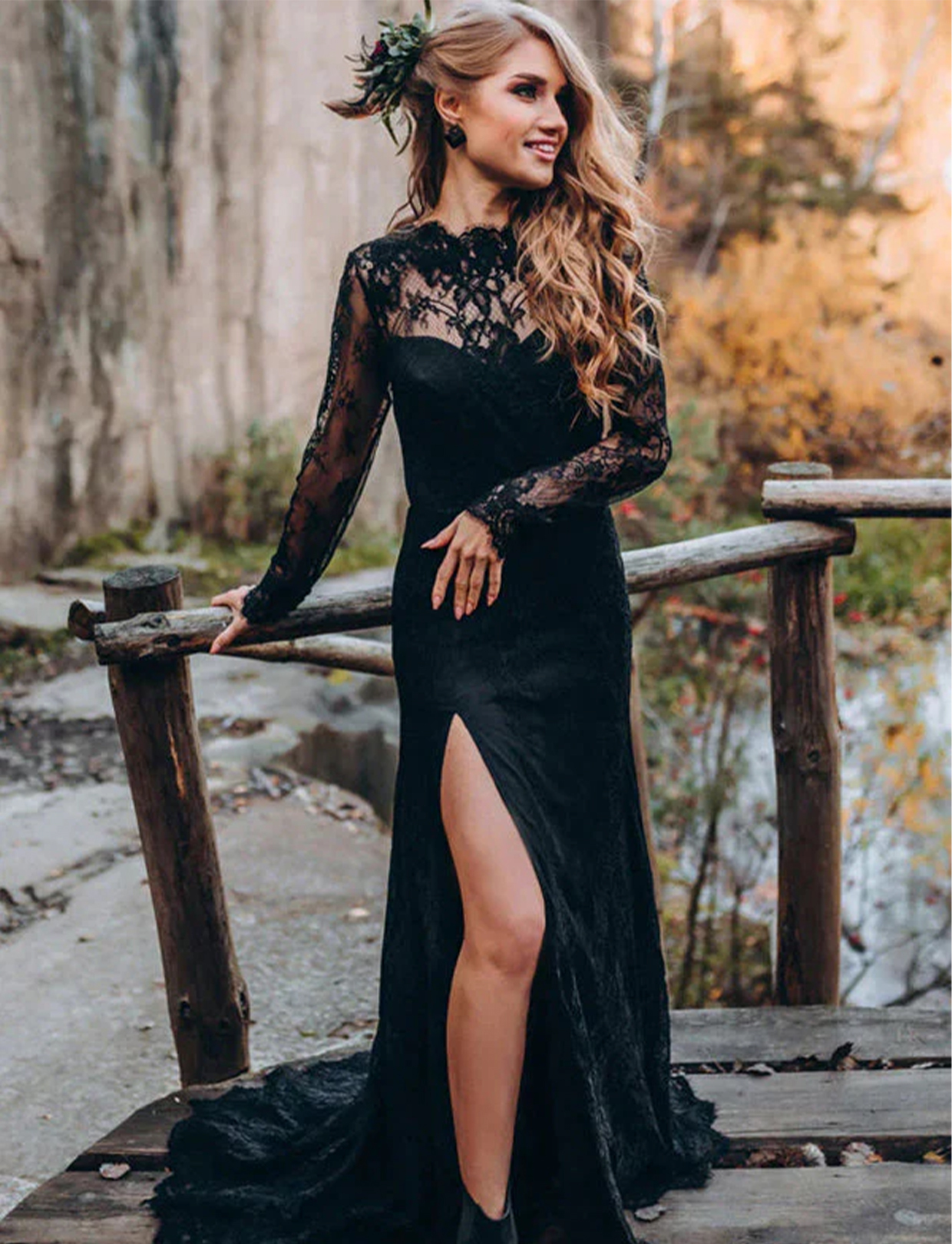 A line Black Sweetheart Long Sleeves Beach Lace Wedding Dresses