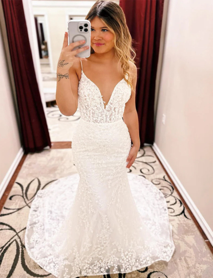 Dresses  Mermaid Wedding Dresseseses Ivory Spaghetti Straps Long Train Lace