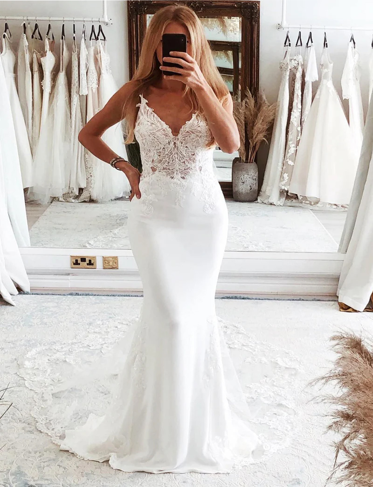 Mermaid Lace Long Backless Wedding Dress with Button