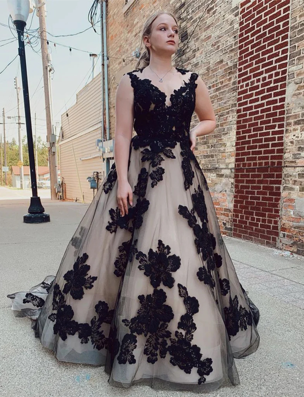 Open Back Black Champagne Court Train Wedding Dress With Appliques