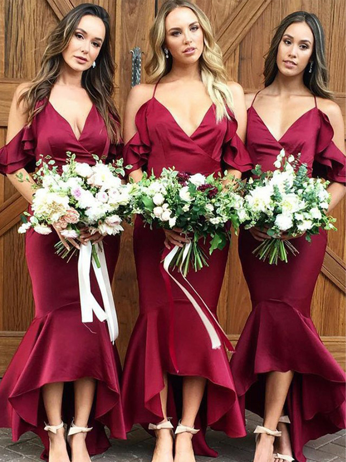 Trumpet/Mermaid V Neck Asymmetrical Bridesmaid Dresses With Ruffles
