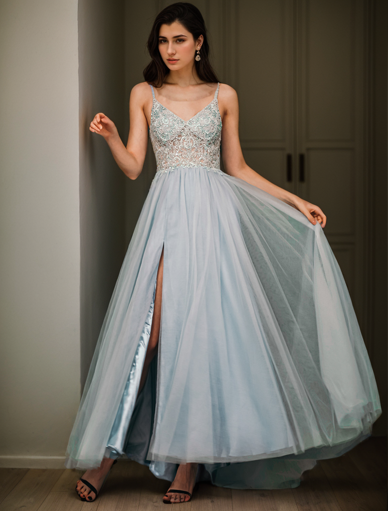 A-line Evening Gown Quinceanera Prom Dress split Sequin Appliques