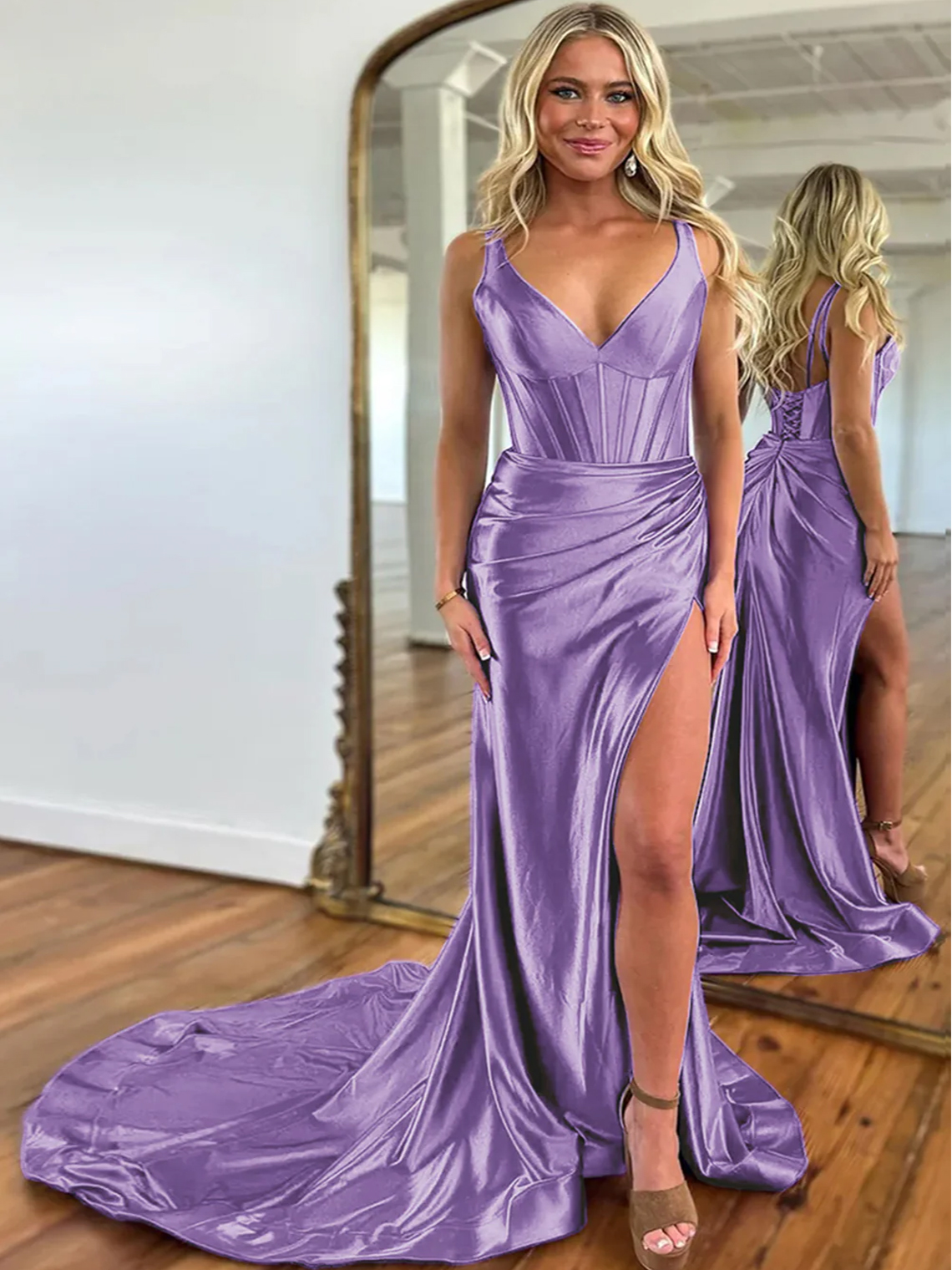 Mermaid Satin V-Neck Sweep/Brush Train Prom Dress With Split