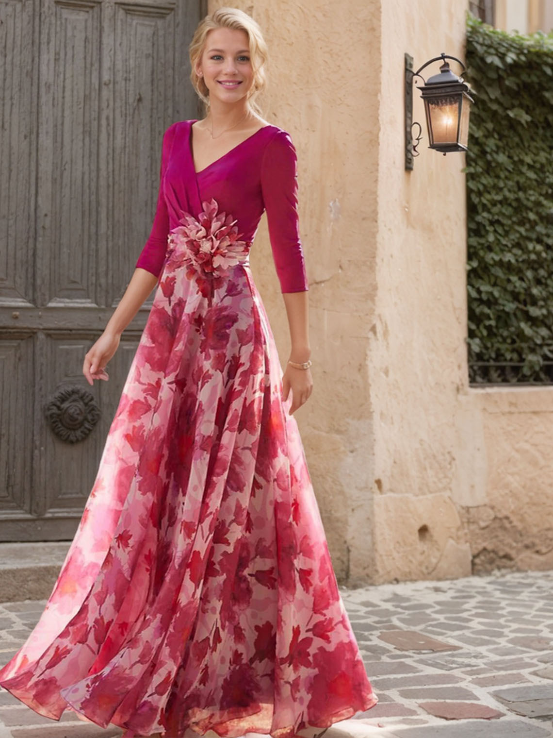 A Line Chiffon V Neck 3/4 Length Sleeve with Flower Evening Dress