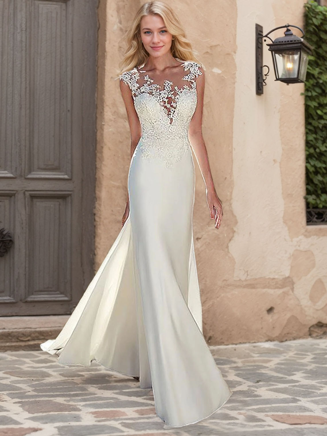 Mermaid Tulle Lace Scoop Neck Court Train With Applique Wedding Dress