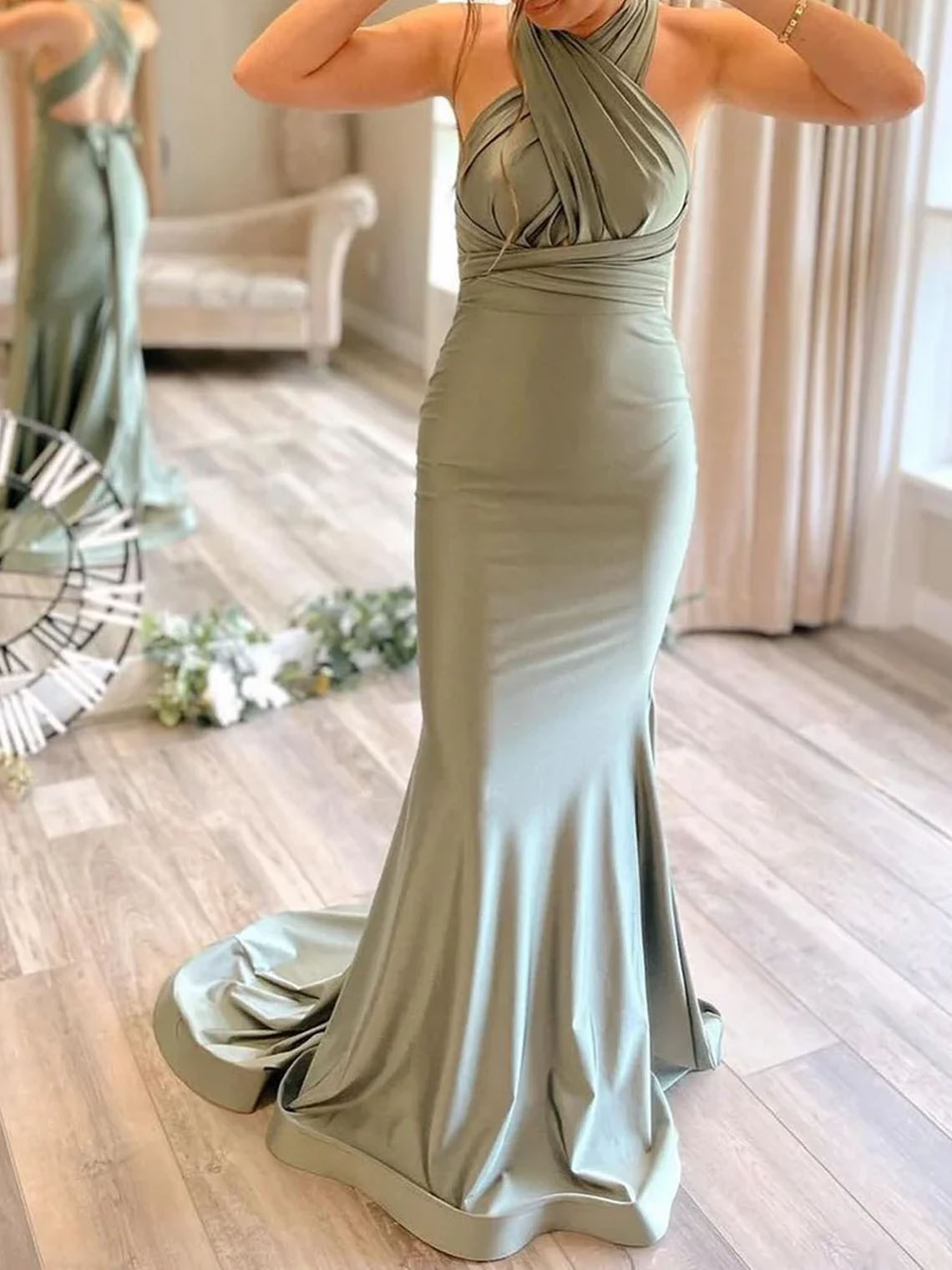 Mermaid Light Green Satin V Neck Convertible Bridesmaid Dress