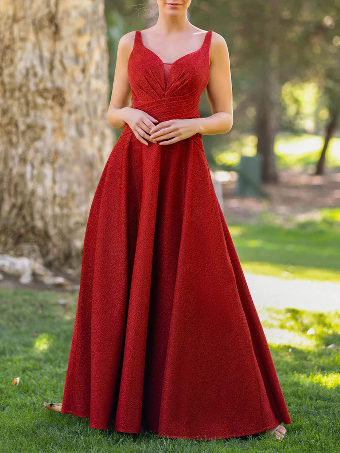 A line Red Chiffon V Neck Sleeveless Floor Length Bridesmaid Dress