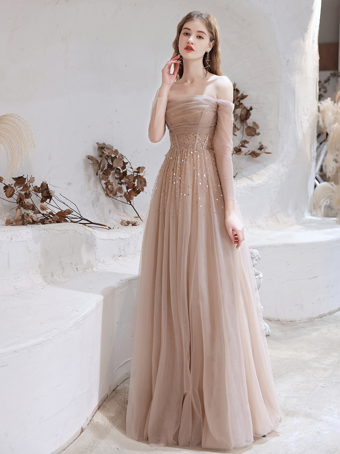 A-Line Glittering Evening Dress Prom Dress Off Shoulder Floor Length
