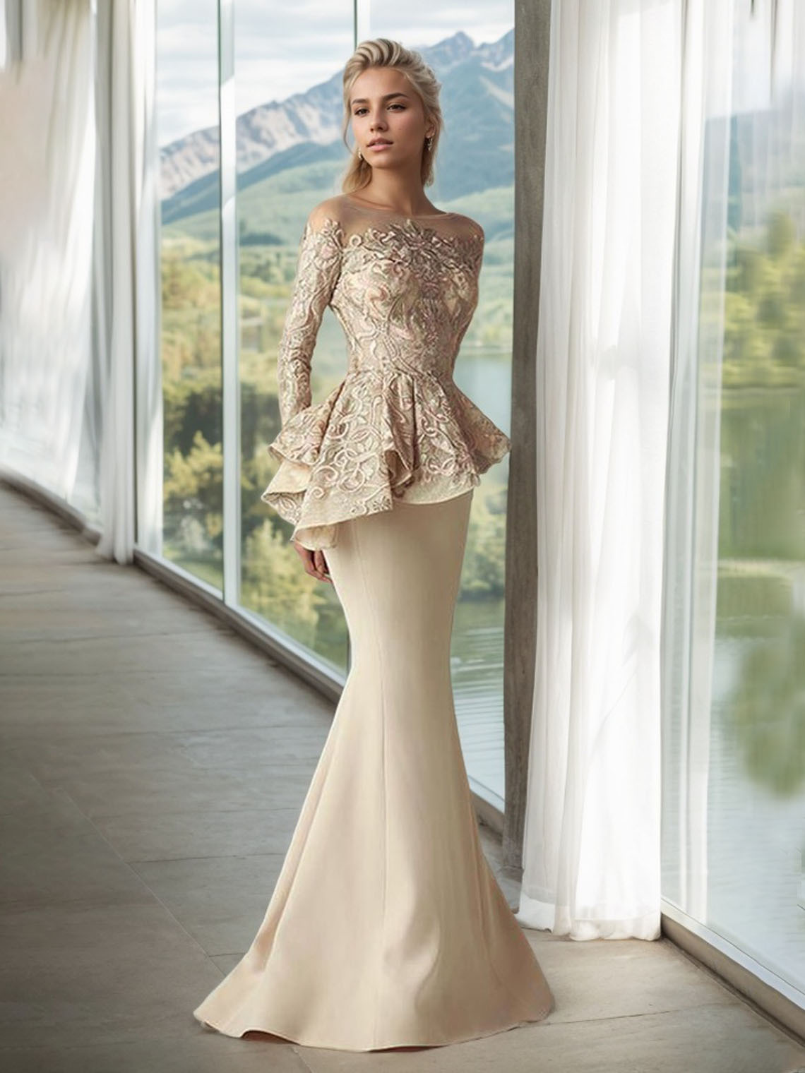 Mermaid Stretch Scoop Neck Floor Length with Appliques Evening Dress