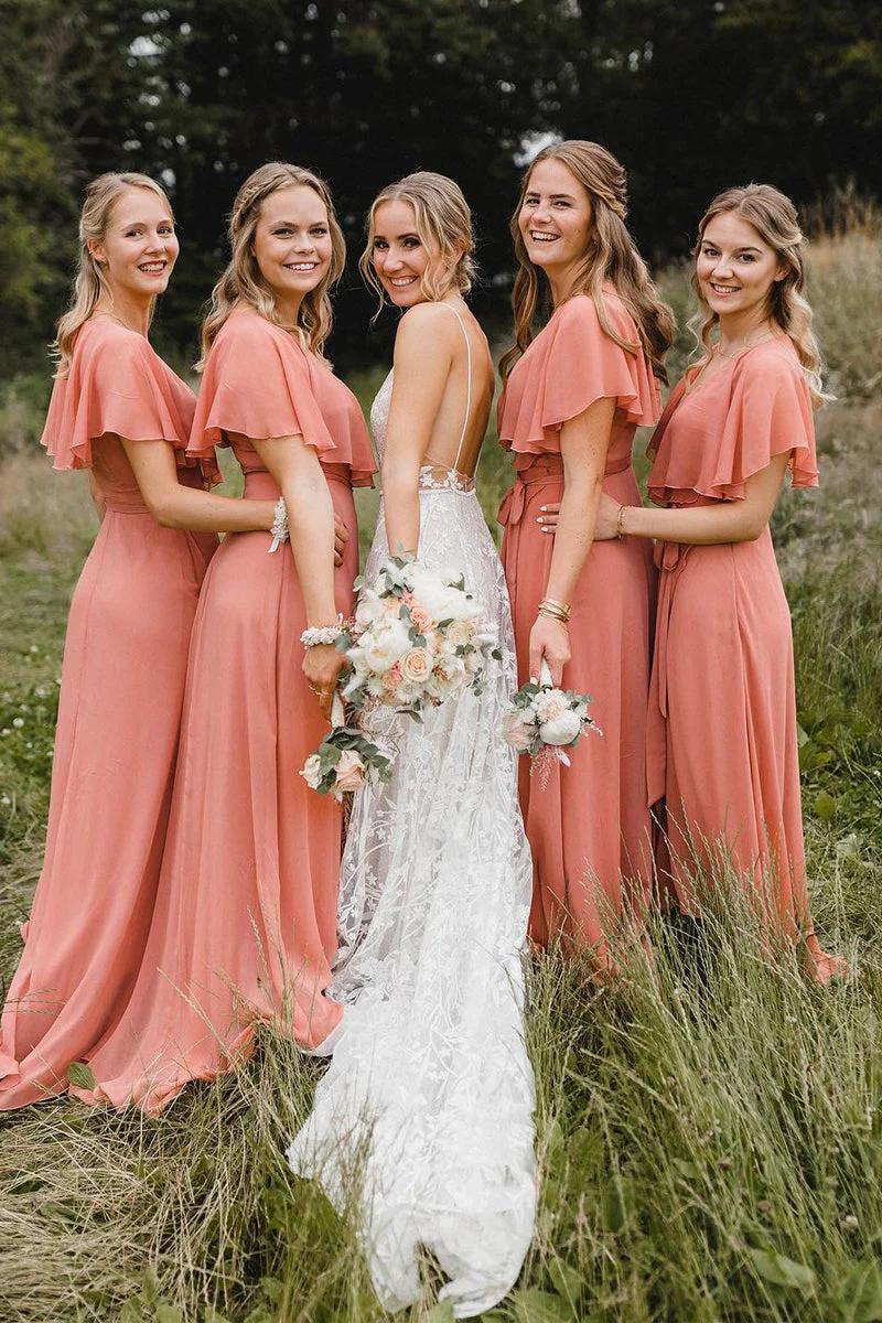 Classic A-Line V Neck Coral Chiffon Long Bridesmaid Dresses