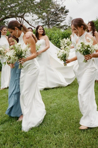 Dress Sheath/Column Halter White Satin Long Bridesmaid Dress
