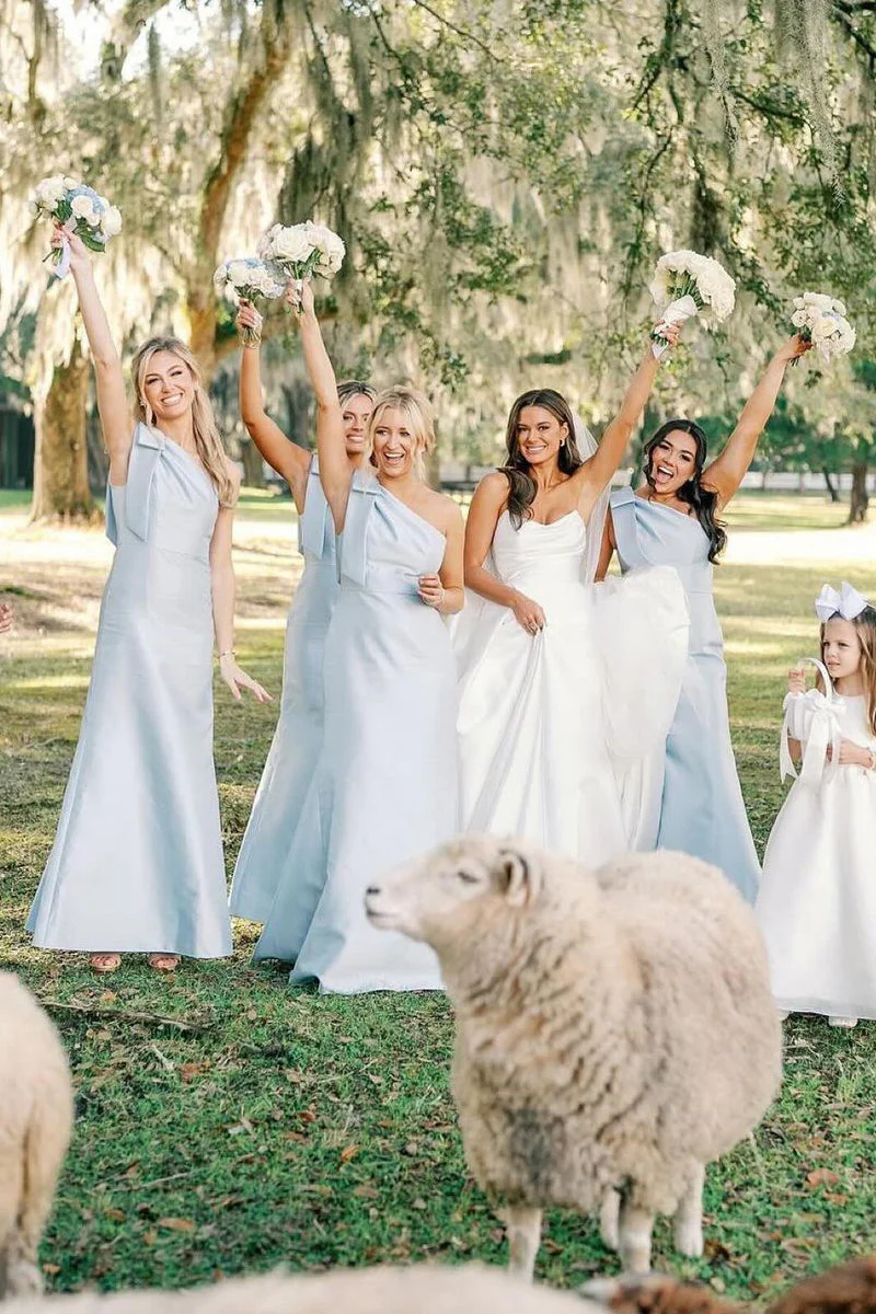 Light Blue One Shoulder Satin Sheath/Column Long Bridesmaid Dress