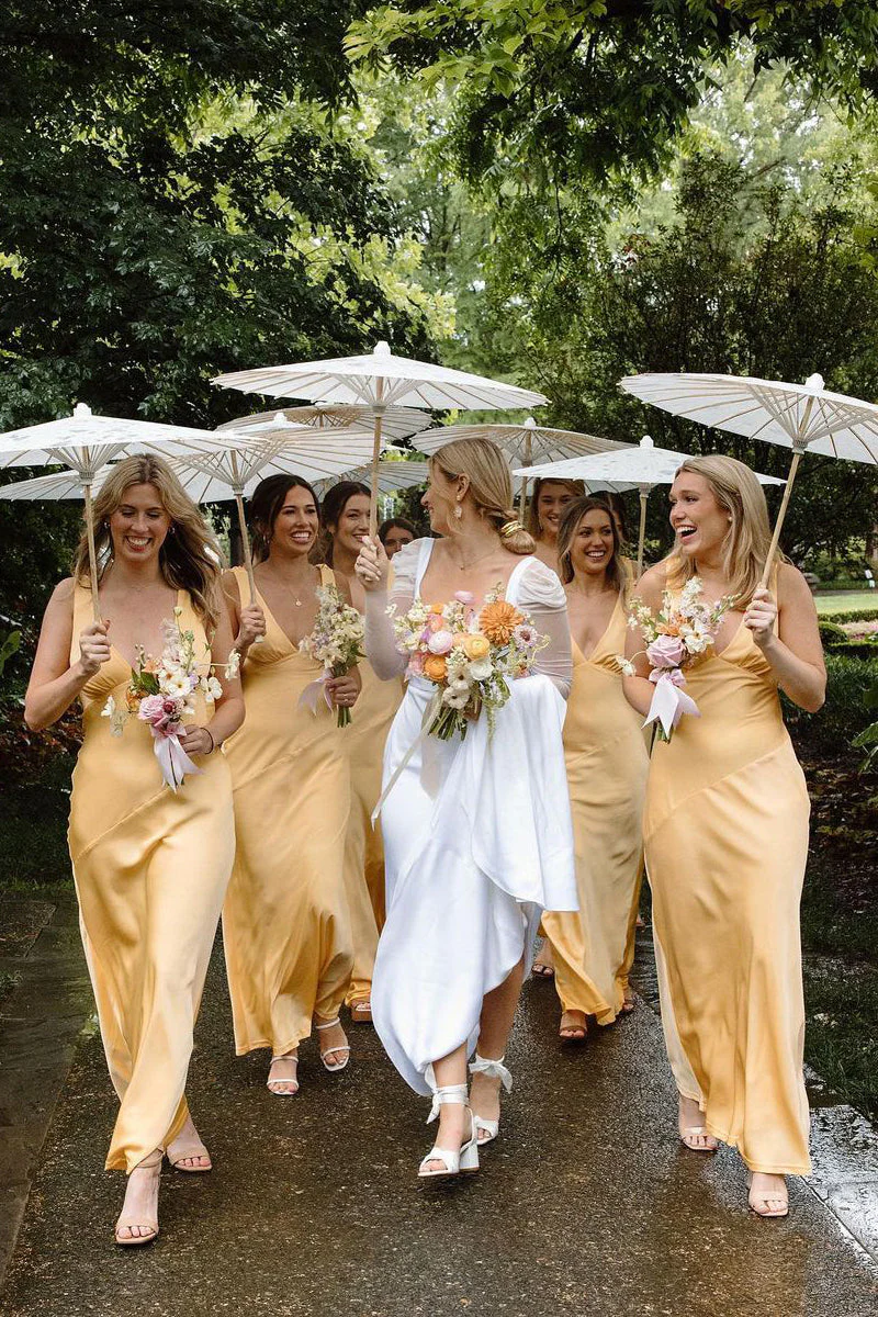 Sheath/Column V Neck Saitn Orange Bridesmaid Dresses