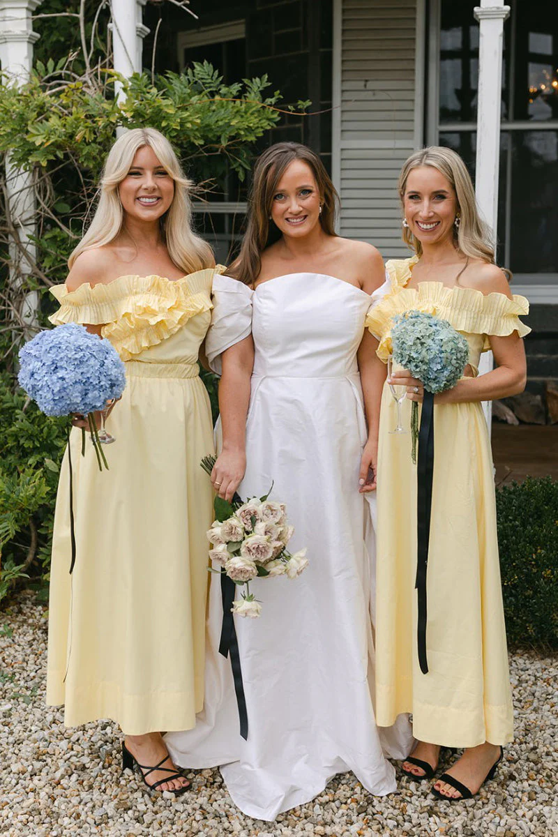 Off the Shoulder Ruffle Satin Ankle Length Yellow Bridesmaid Dresses